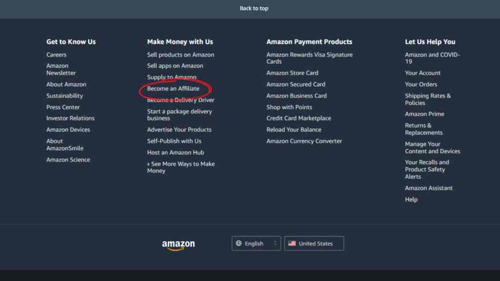 Amazon home page footer