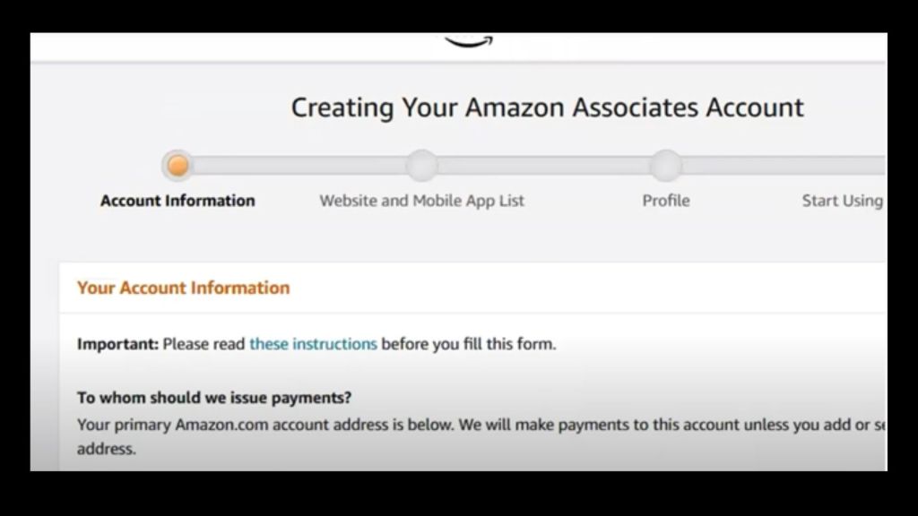 Amazon Affiliate Account Creation Screen