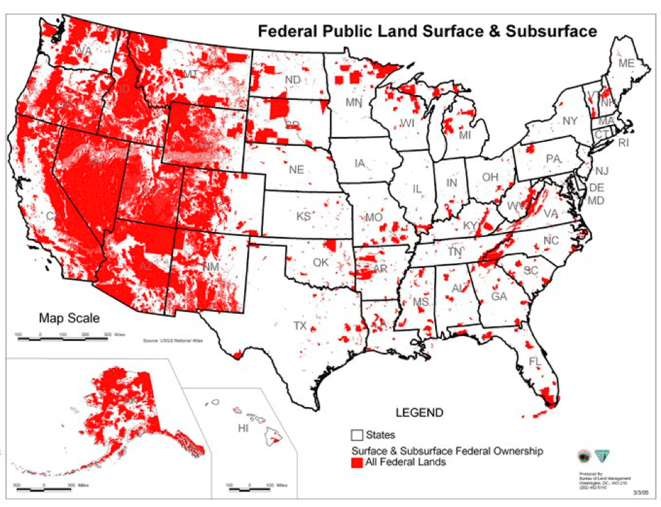 map of federal ownership of public land surface and subsurface